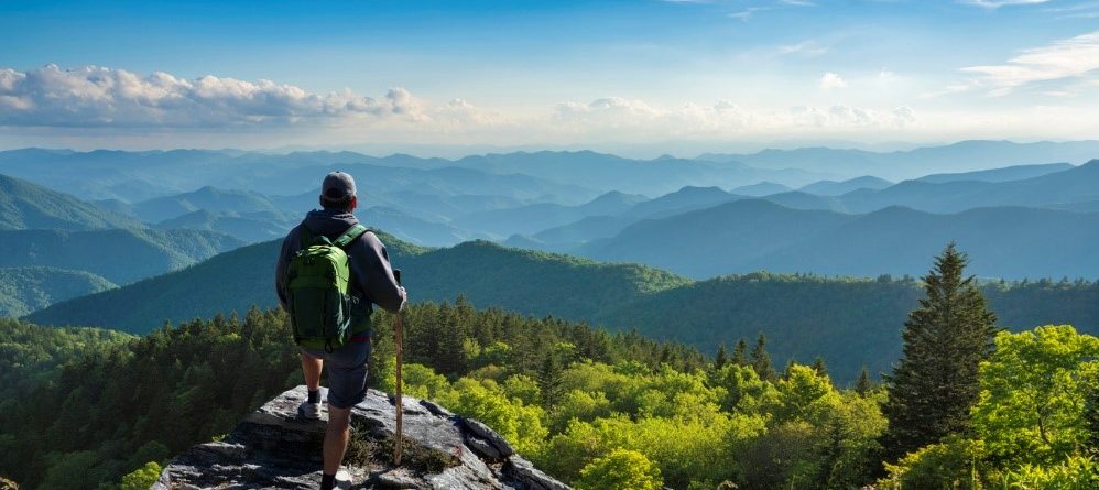 A person standing on a rock looking at a valley