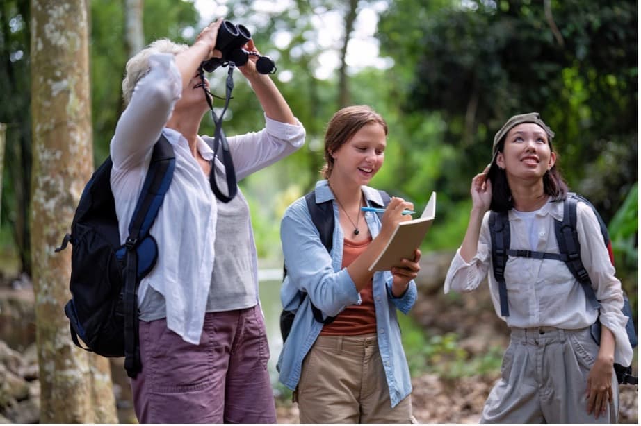 A group of people hiking in the woods