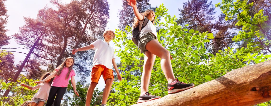 A group of kids walking on a log